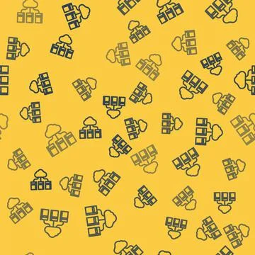 Blue line Cloud or online library icon isolated seamless pattern on yellow Stock Illustration
