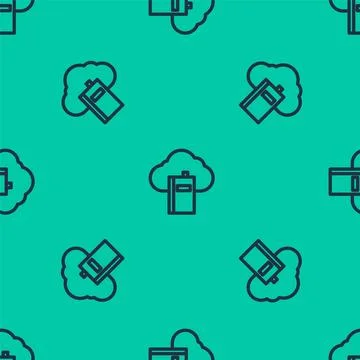 Blue line Cloud or online library icon isolated seamless pattern on green b.. Stock Illustration