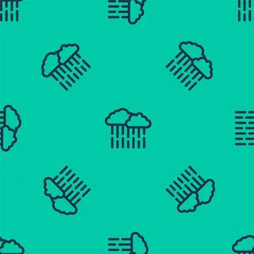 Blue line Cloud with rain icon isolated seamless pattern on green background Stock Illustration