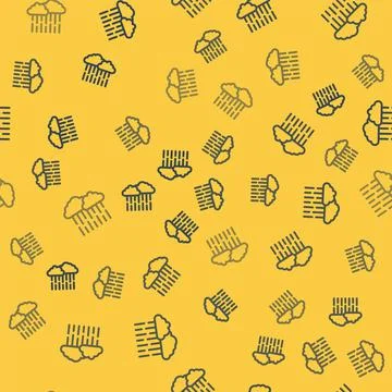 Blue line Cloud with rain icon isolated seamless pattern on yellow background Stock Illustration