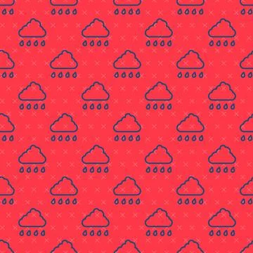 Blue line Cloud with rain icon isolated seamless pattern on red background. Rain Illustrazione stock