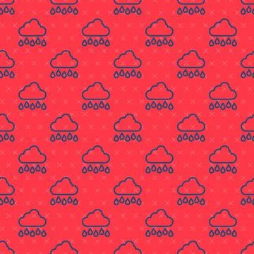 Blue line Cloud with rain icon isolated seamless pattern on red background. Rain Stock Illustration