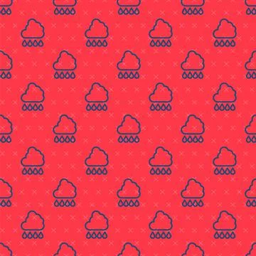 Blue line Cloud with rain icon isolated seamless pattern on red background. Rain Stock Illustration