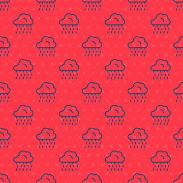 Blue line Cloud with rain icon isolated seamless pattern on red background... Stock Illustration