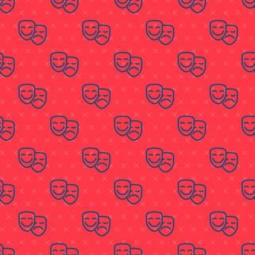 Blue line Comedy and tragedy theatrical masks icon isolated seamless pattern on Stock Illustration