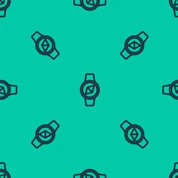 Blue line Compass icon isolated seamless pattern on green background. Windrose Stock Illustration