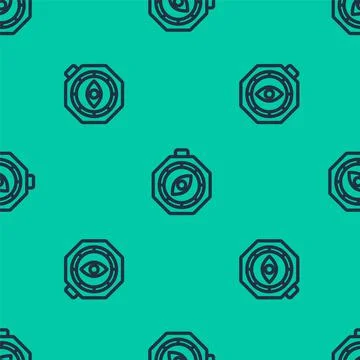 Blue line Compass icon isolated seamless pattern on green background. Windrose 스톡 일러스트