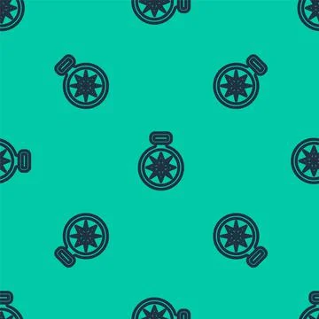 Blue line Compass icon isolated seamless pattern on green background. Windrose Stock Illustration