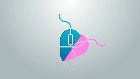 Blue line Computer mouse icon isolated on grey background. Optical with wheel Stock Footage 145107915