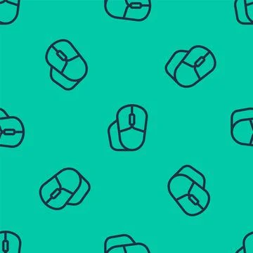 Blue line Computer mouse icon isolated seamless pattern on green background Stock Illustration