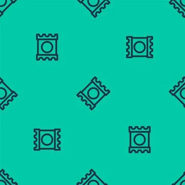 Blue line Condom in package safe sex icon isolated seamless pattern on green Stock Illustration