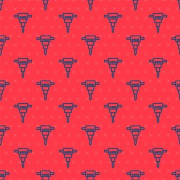 Blue line Construction jackhammer icon isolated seamless pattern on red bac.. 스톡 일러스트