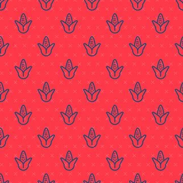 Blue line Corn icon isolated seamless pattern on red background. Vector Stock Illustration