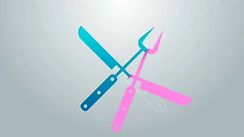 Blue line Crossed fork and knife icon isolated on grey background. BBQ fork and Stock Footage 145030997