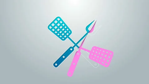 Blue line Crossed fork and spatula icon isolated on grey background. BBQ fork Stock Footage 145031040