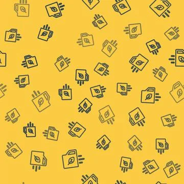 Blue line Cup of tea and leaf icon isolated seamless pattern on yellow Stock Illustration