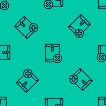 Blue line Delete envelope icon isolated seamless pattern on green backgroun.. Illustrazione stock