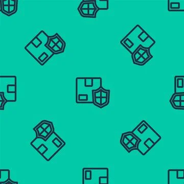 Blue line Delivery security with shield icon isolated seamless pattern on green 스톡 일러스트