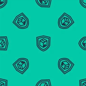 Blue line Delivery security with shield icon isolated seamless pattern on green Stock Illustration