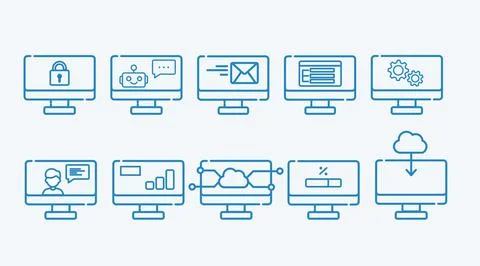 Blue line desktop computer icon set 库存插图