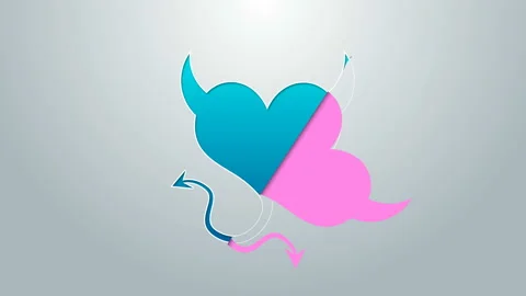 Blue line Devil heart with horns and a tail icon isolated on grey background Stock Footage 145033793