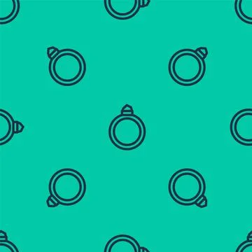 Blue line Diamond engagement ring icon isolated seamless pattern on green Stock Illustration