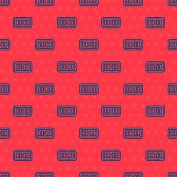 Blue line Digital alarm clock icon isolated seamless pattern on red background Stock Illustration