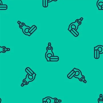 Blue line Dishwashing liquid bottle icon isolated seamless pattern on green Stock Illustration