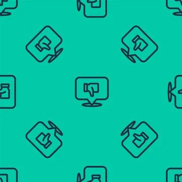 Blue line Dislike in speech bubble icon isolated seamless pattern on green ba Stock Illustration