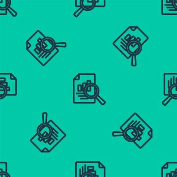Blue line Document with graph chart icon isolated seamless pattern on green b Illustrazione stock
