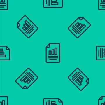 Blue line Document with graph chart icon isolated seamless pattern on green.. Illustrazione stock