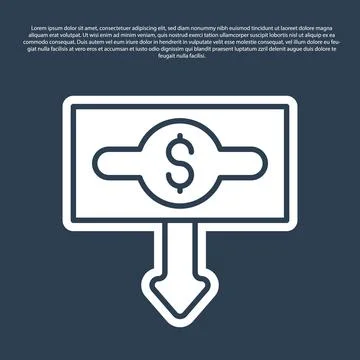 Blue line Dollar rate decrease icon isolated on blue background. Cost reduction Stock Illustration