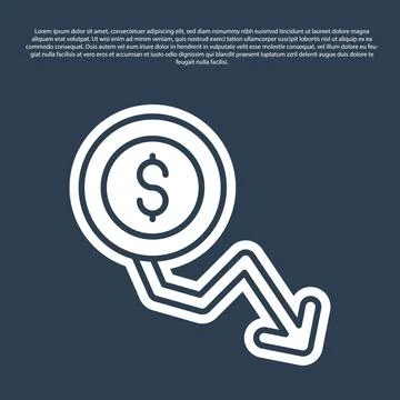 Blue line Dollar rate decrease icon isolated on blue background. Cost reducti Illustrazione stock