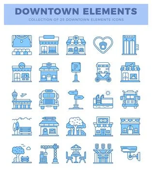 Blue-line downtown element icons on white background. set against a pale bl.. Stock Illustration