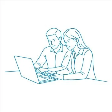 A blue line drawing of a man and woman working together on a laptop vector Stock Illustration