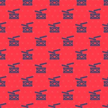 Blue line Drum with drum sticks icon isolated seamless pattern on red background Stock Illustration