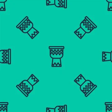 Blue line Drum icon isolated seamless pattern on green background. Music sign Stock Illustration