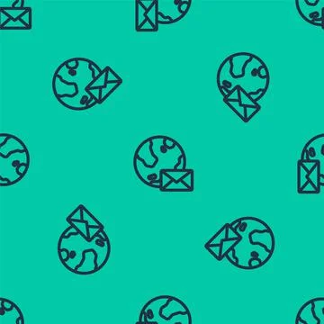 Blue line Earth globe with mail and e-mail icon isolated seamless pattern on Ilustración de archivo