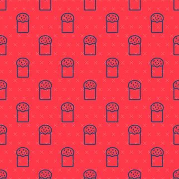 Blue line Easter cake icon isolated seamless pattern on red background. Hap.. Stock Illustration