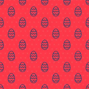 Blue line Easter egg icon isolated seamless pattern on red background. Happy イラスト素材
