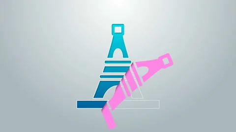 Blue line Eiffel tower icon isolated on grey background. France Paris landmark Stock Footage 145335843