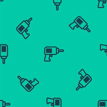 Blue line Electric drill machine icon isolated seamless pattern on green 스톡 일러스트