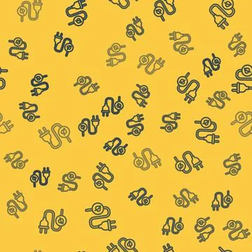 Blue line Electric saving plug in leaf icon isolated seamless pattern on yellow 스톡 일러스트