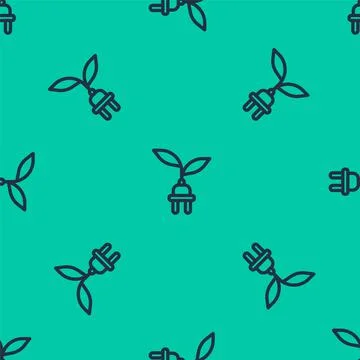 Blue line Electric saving plug in leaf icon isolated seamless pattern on green イラスト素材