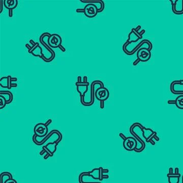 Blue line Electric saving plug in leaf icon isolated seamless pattern on gree Stockillustratie