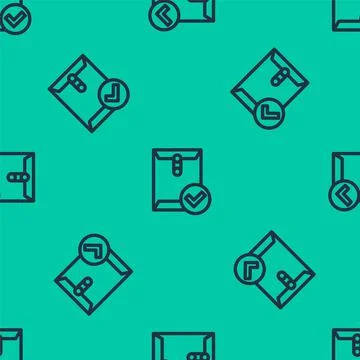 Blue line Envelope and check mark icon isolated seamless pattern on green 스톡 일러스트