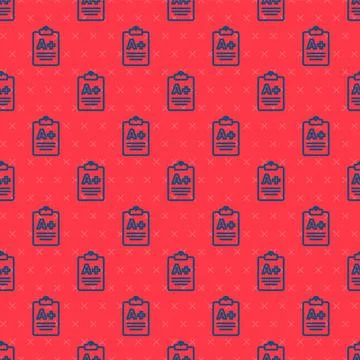 Blue line Exam sheet with A plus grade icon isolated seamless pattern on red Illustrazione stock