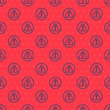 Blue line Exclamation mark in triangle icon isolated seamless pattern on re.. Stock Illustration