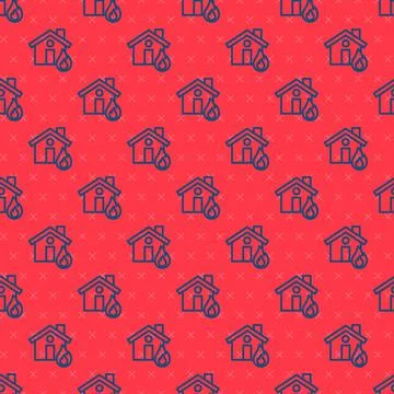 Blue line Fire in burning house icon isolated seamless pattern on red background Stock Illustration