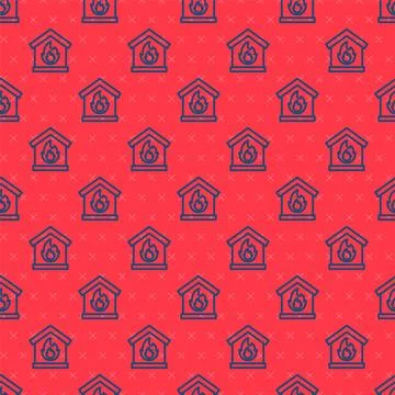 Blue line Fire in burning house icon isolated seamless pattern on red backgro 스톡 일러스트